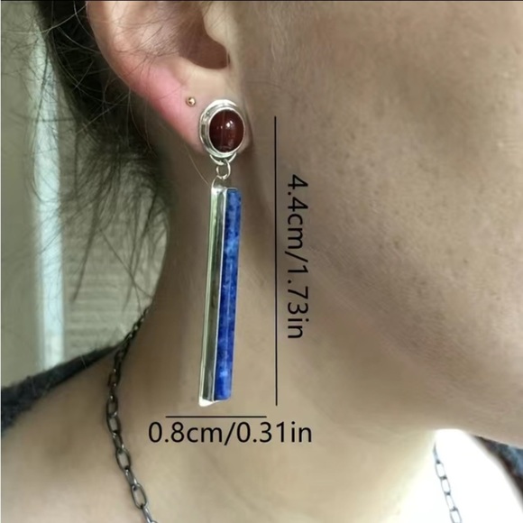 Handmade Silver Red Agate Lapis Lazuli Vintage Boho Long Vertical Earrings - Picture 5 of 5